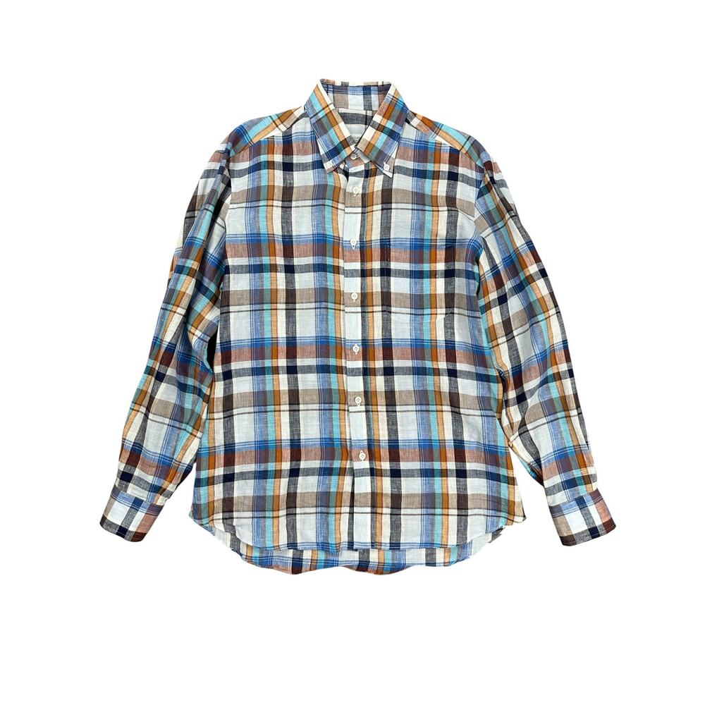 Luca Avitabile Large 16.5 Neck Handmade Italy Linen Plaid Long Sleeve Shirt